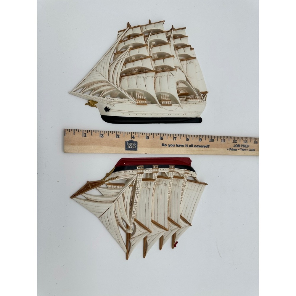Vintage Sailing Ship Wall Decor Nautical 3D Relief Plaques Cream White Set of 2 - Picture 3 of 7